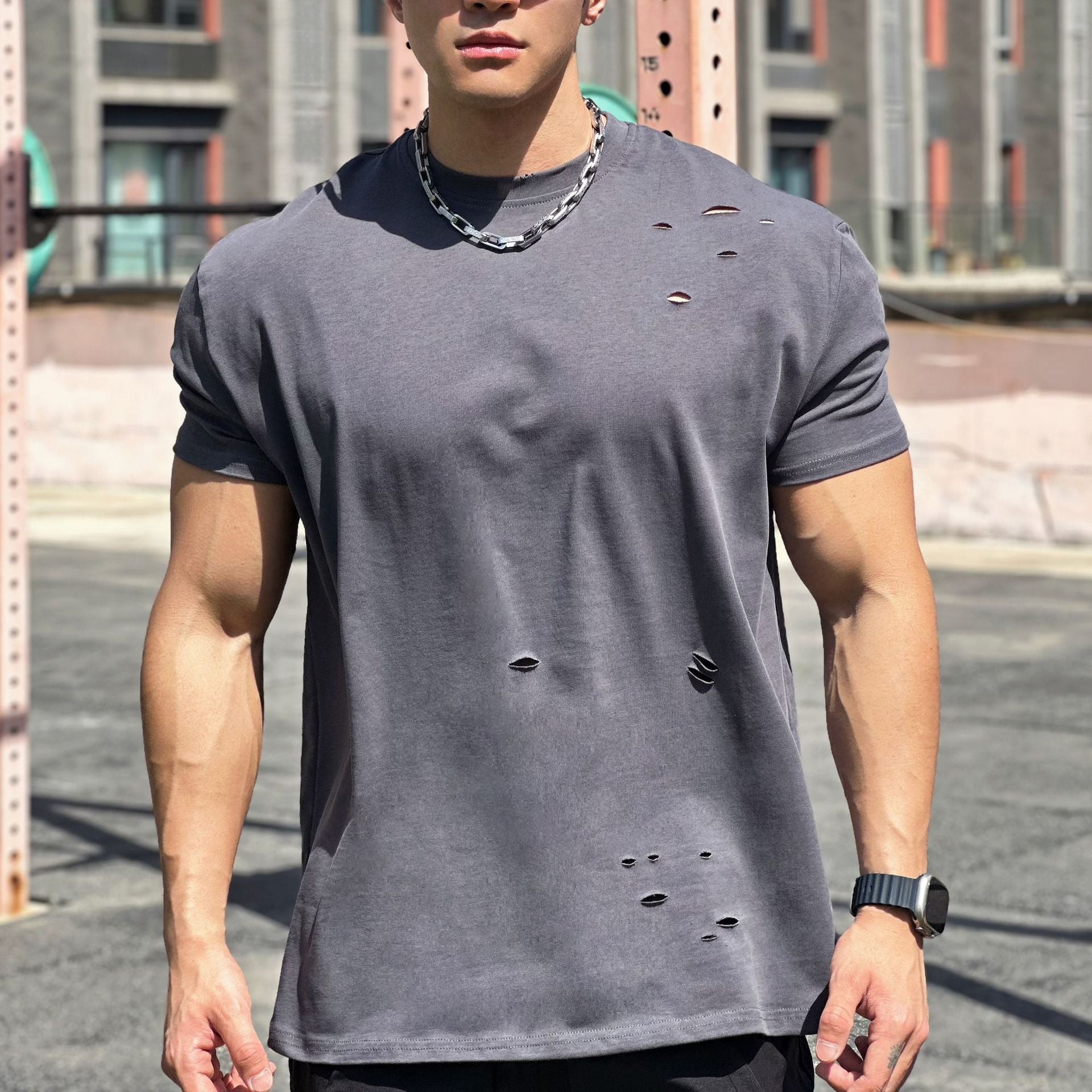 Oversized Cotton Round Collar Sports T-Shirt for Men